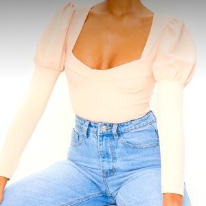 PLT Nude Crepe Puff Sleeve Square Neck Bodysuit